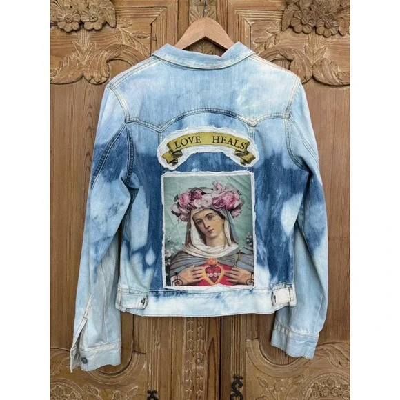 Large Distressed Denim Jacket Sacred Heart Folk Art Boho